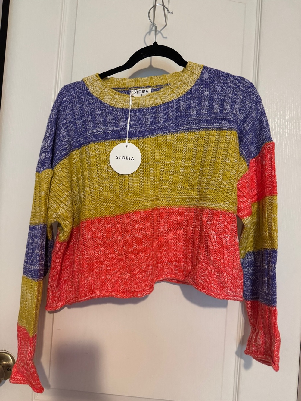 Storia Colorblock Cropped Knit Sweater in Purple, Yellow-Green & Coral